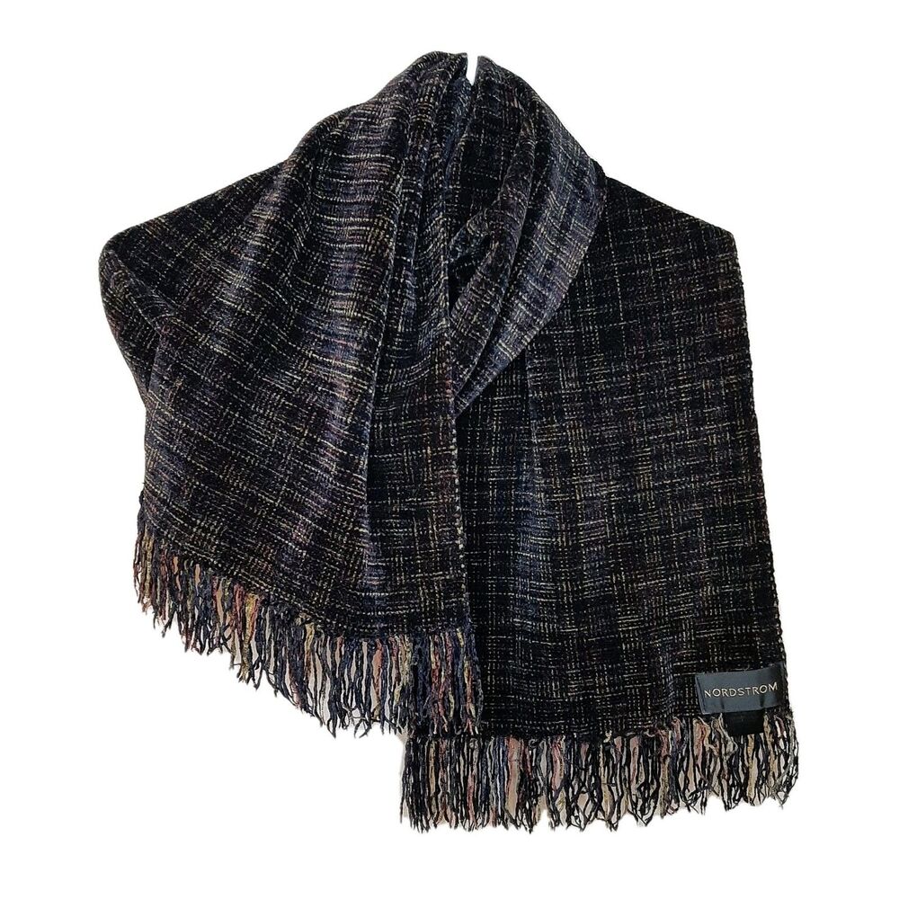 Nordstrom Scarf Dark Brown 10 x 66 inch Soft Chenille Made in USA Fringed